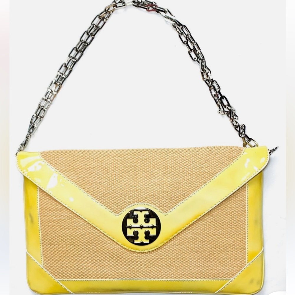 Tory Burch Women’s Suzi Raffia Large Patent Shoulder Flap Chain Bag